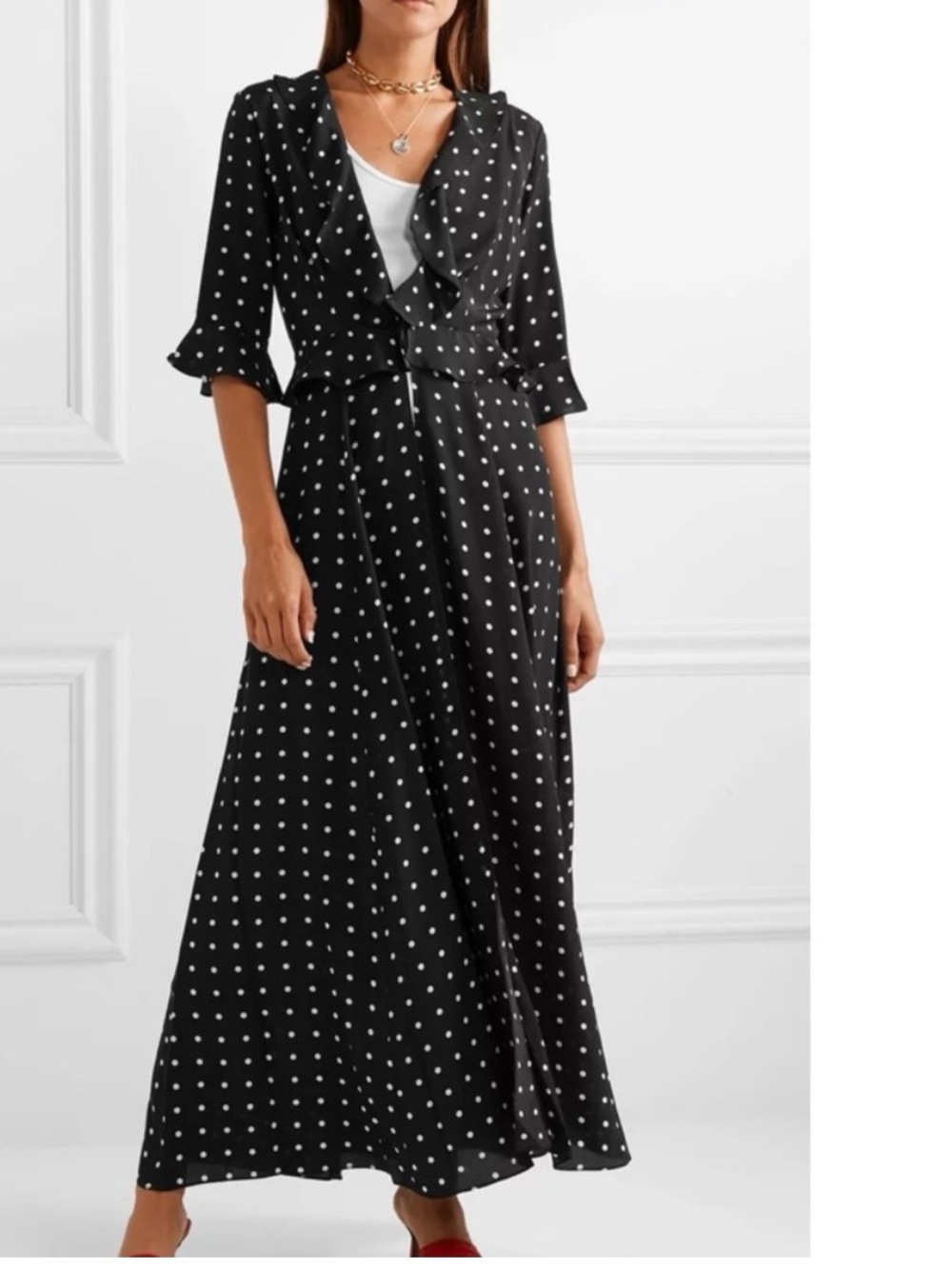 We are LEONE Black Polka Dot Maxi Dress with Ruffle V-Neck robe 100% silk